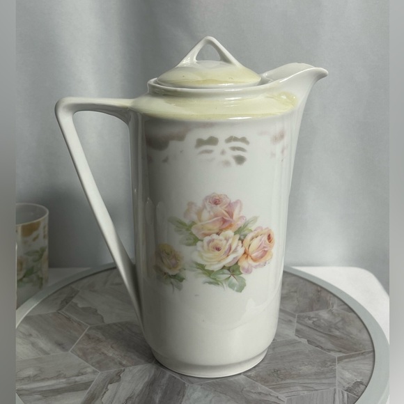 Vintage Three Crown China Rose Pitcher & 4 Cup Set Germany Gold Trim 1920's - Picture 7 of 10